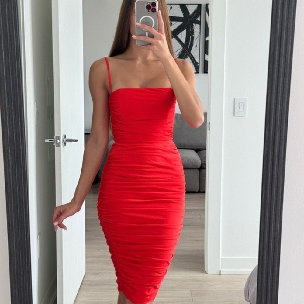 Nookie Vibrant Red Ruched Spaghetti-Strap Midi Dress